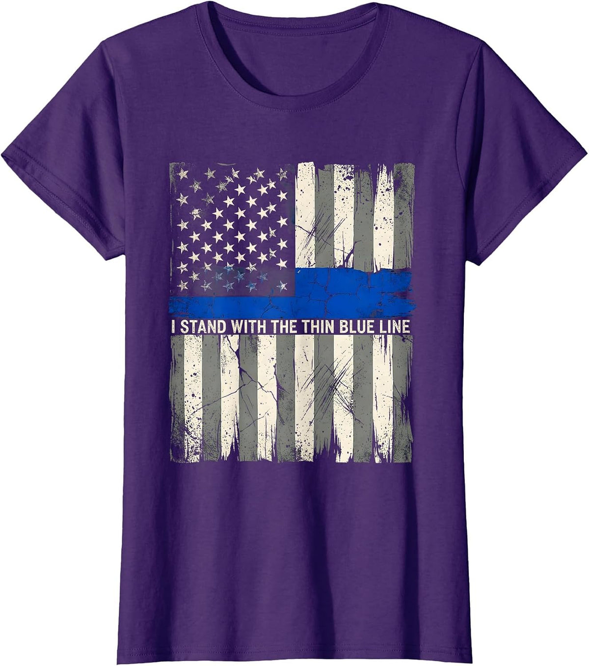 Women's I Stand With The Thin Blue Line Distressed Police Support T-Shirt - Purple