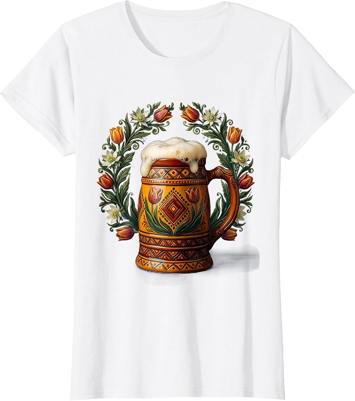 Women's Oktoberfest Beer Mug Floral Wreath Illustration T-Shirt - White