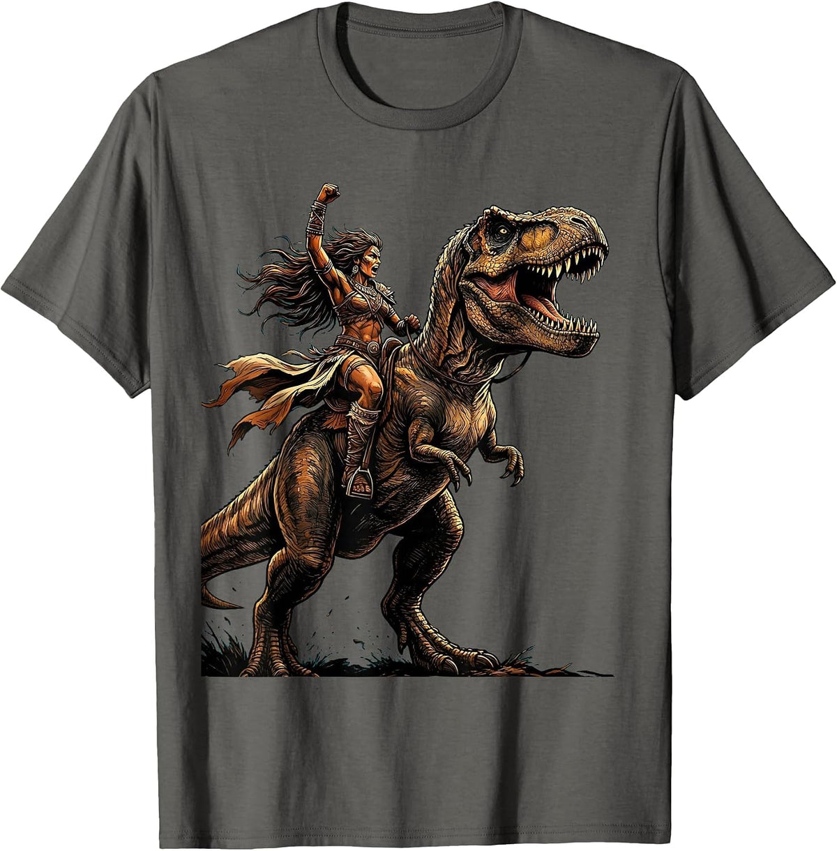 Men's Dino Rider Wild T-Rex Rearing Dinosaur Design T-Shirt - Asphalt Grey