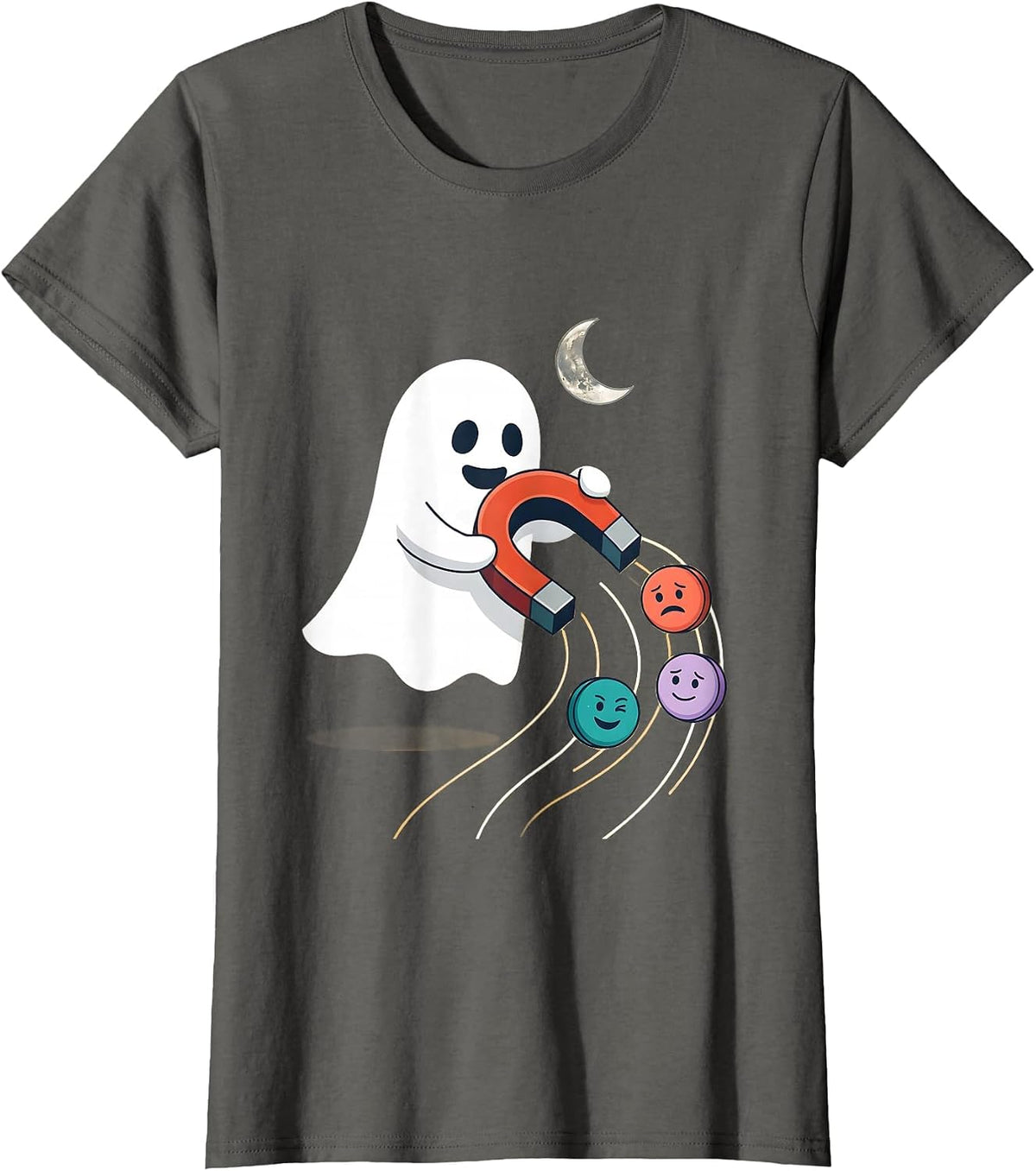 Women's Friendly Ghost Horseshoe Magnet Halloween School Counselor T-Shirt - Asphalt Grey