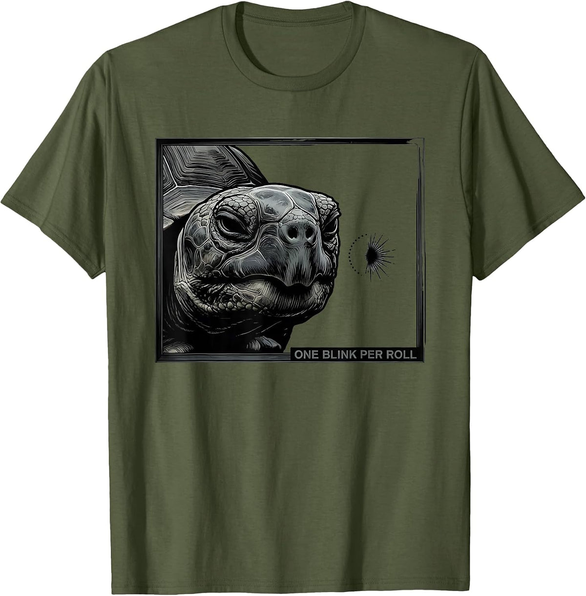 Men's One Blink Per Roll Minimalist Tortoise Portrait Animal Lover T-Shirt - Olive Green