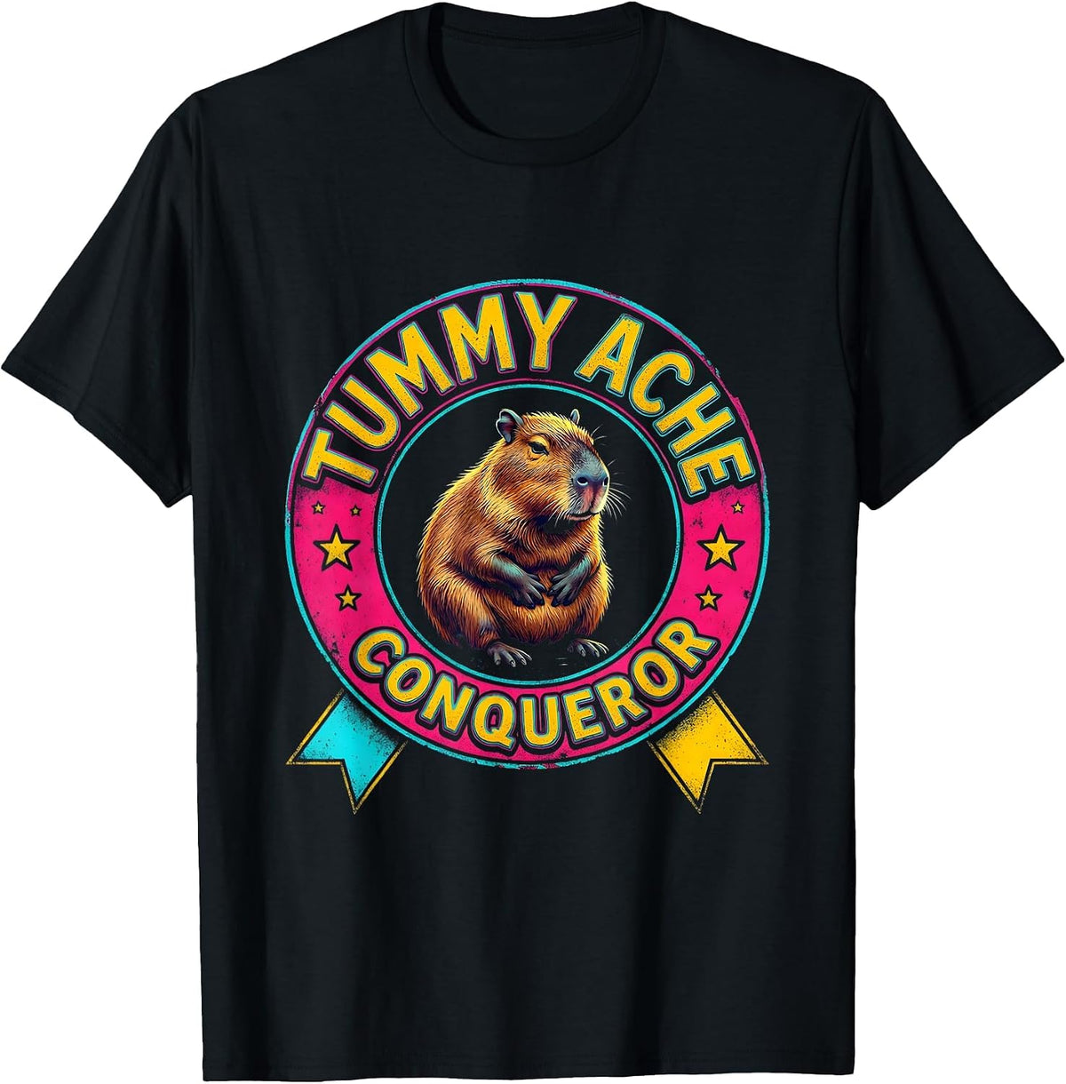 Men's Tummy Ache Conqueror Colorful Capybara Meme Humor T-Shirt - Black