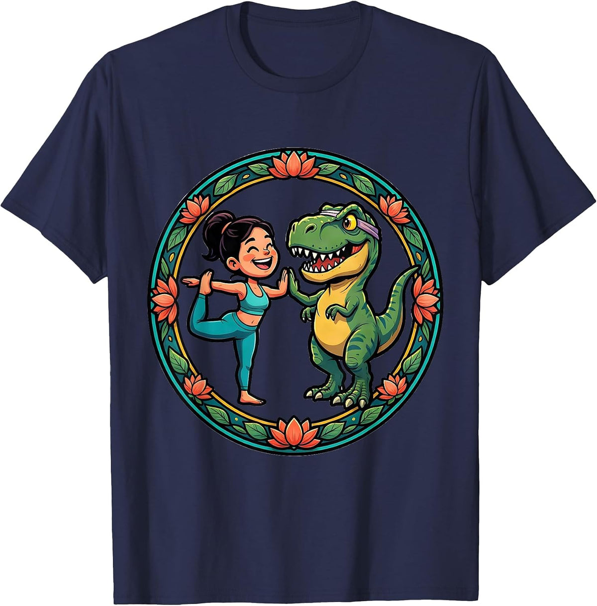 Men's Dinosaur Yoga Partner Funny T-Rex Pose Design T-Shirt - Navy Blue