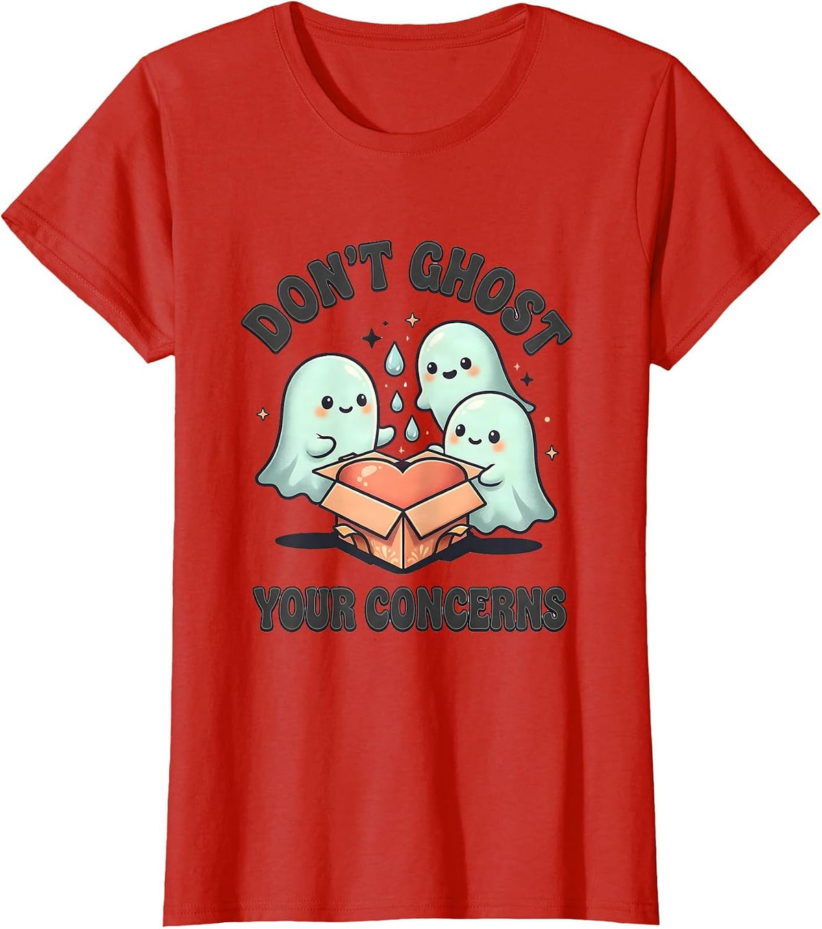 Women's Don't Ghost Your Concerns Cute Kawaii Ghost Mental Health T-Shirt - Red