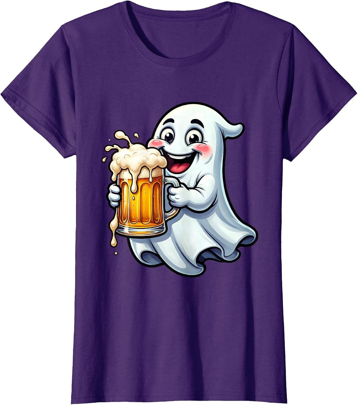 Women's Friendly Ghost Overflowing Beer Mug Illustration T-Shirt - Purple