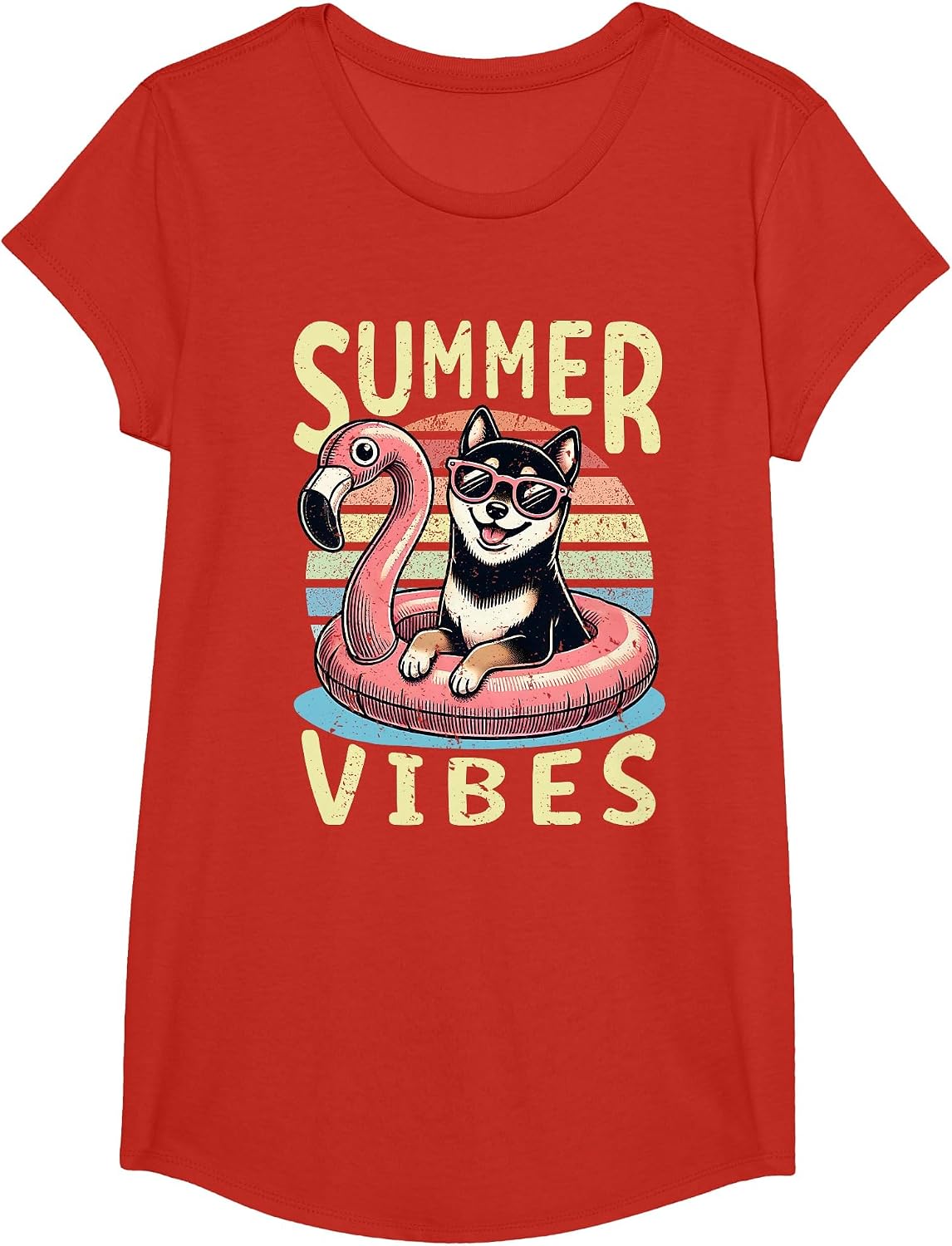 Retro Summer Vibes Black and Tan Shiba Inu Dog Vacation Trip T-Shirt - Girls Red
