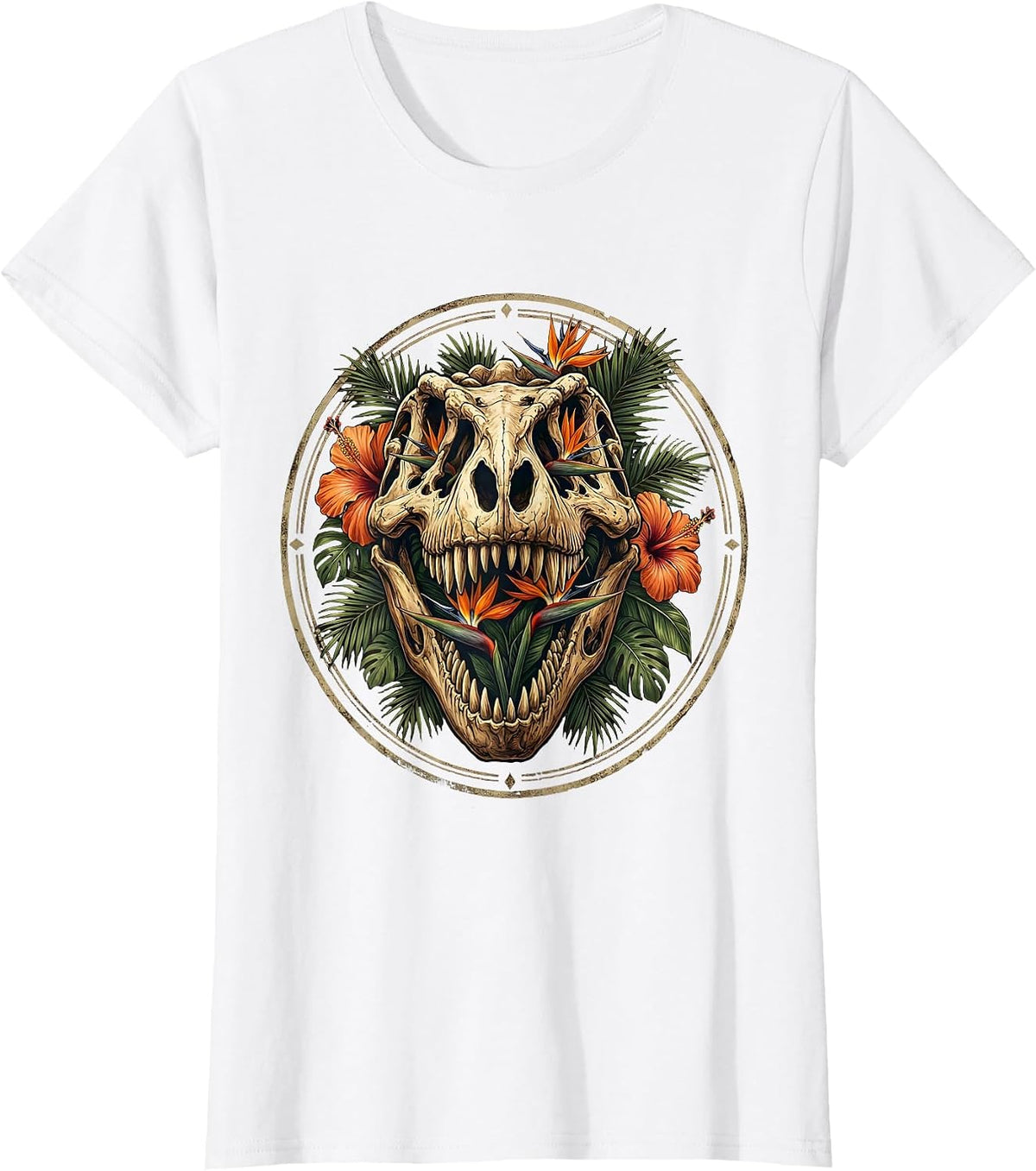 T-Rex Skull Tropical Floral Dinosaur Art T-Shirt - White