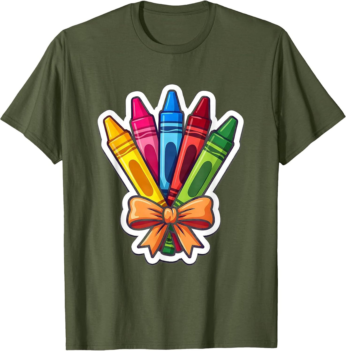 Crayon Bouquet Preschool Teacher Graphic T-Shirt - Olive Green