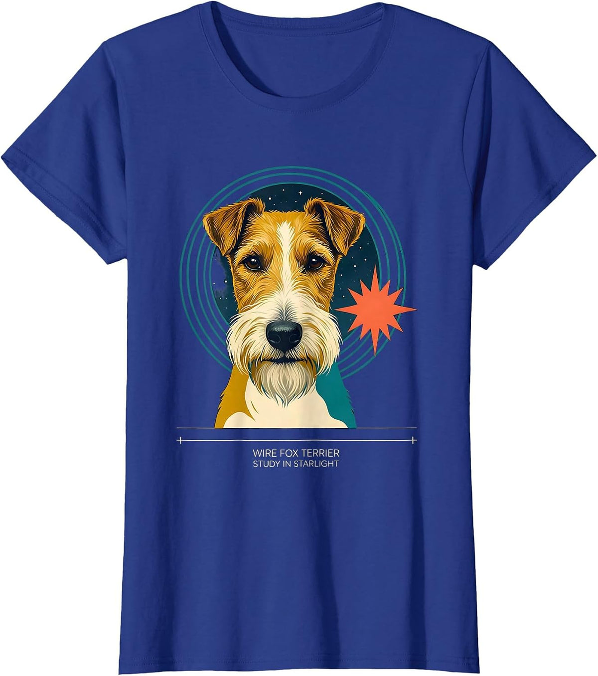 Women's Wire Fox Terrier, Study In Starlight Midcentury Modern Dog T-Shirt - Royal Blue