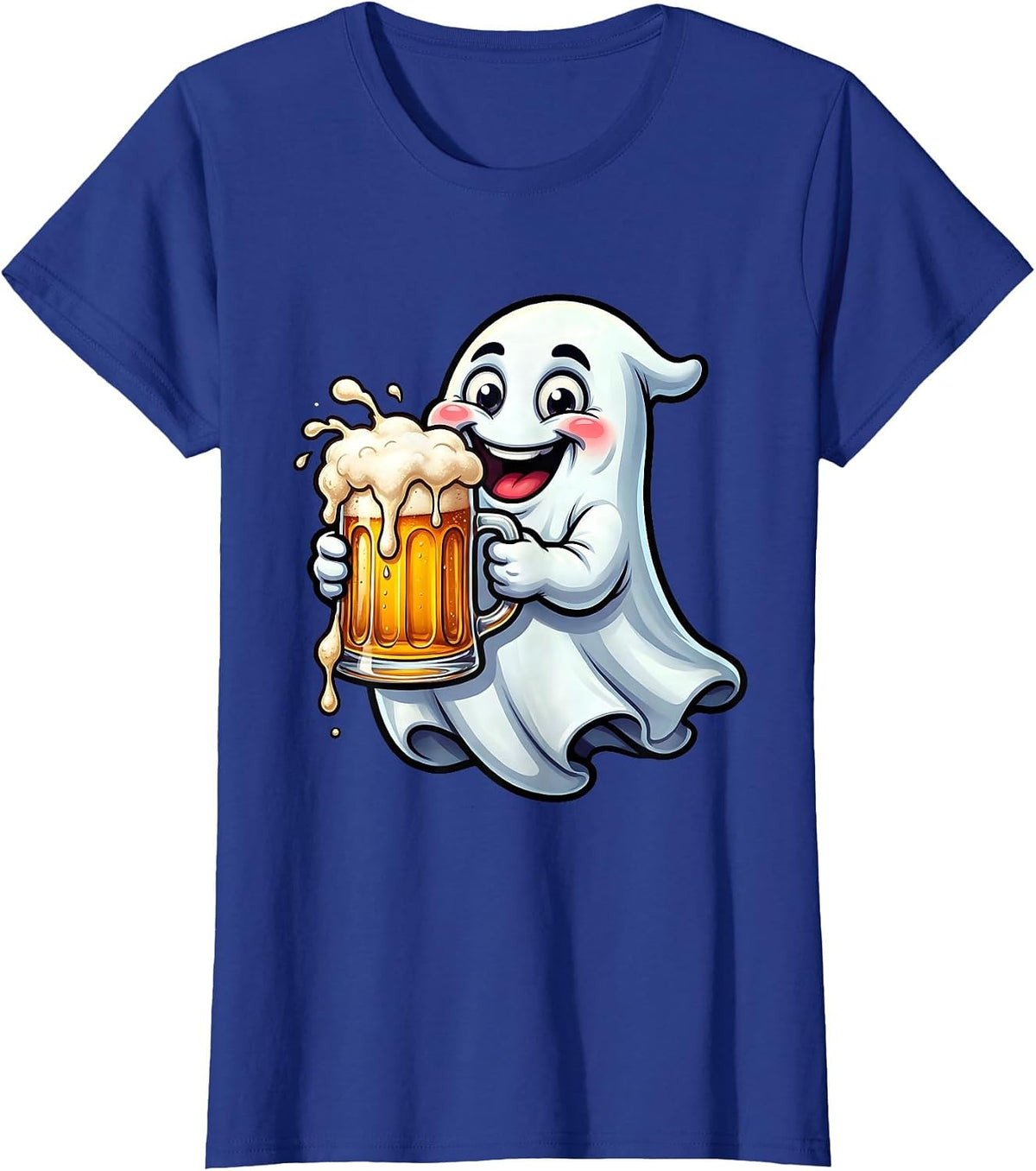 Women's Friendly Ghost Overflowing Beer Mug Illustration T-Shirt - Royal Blue