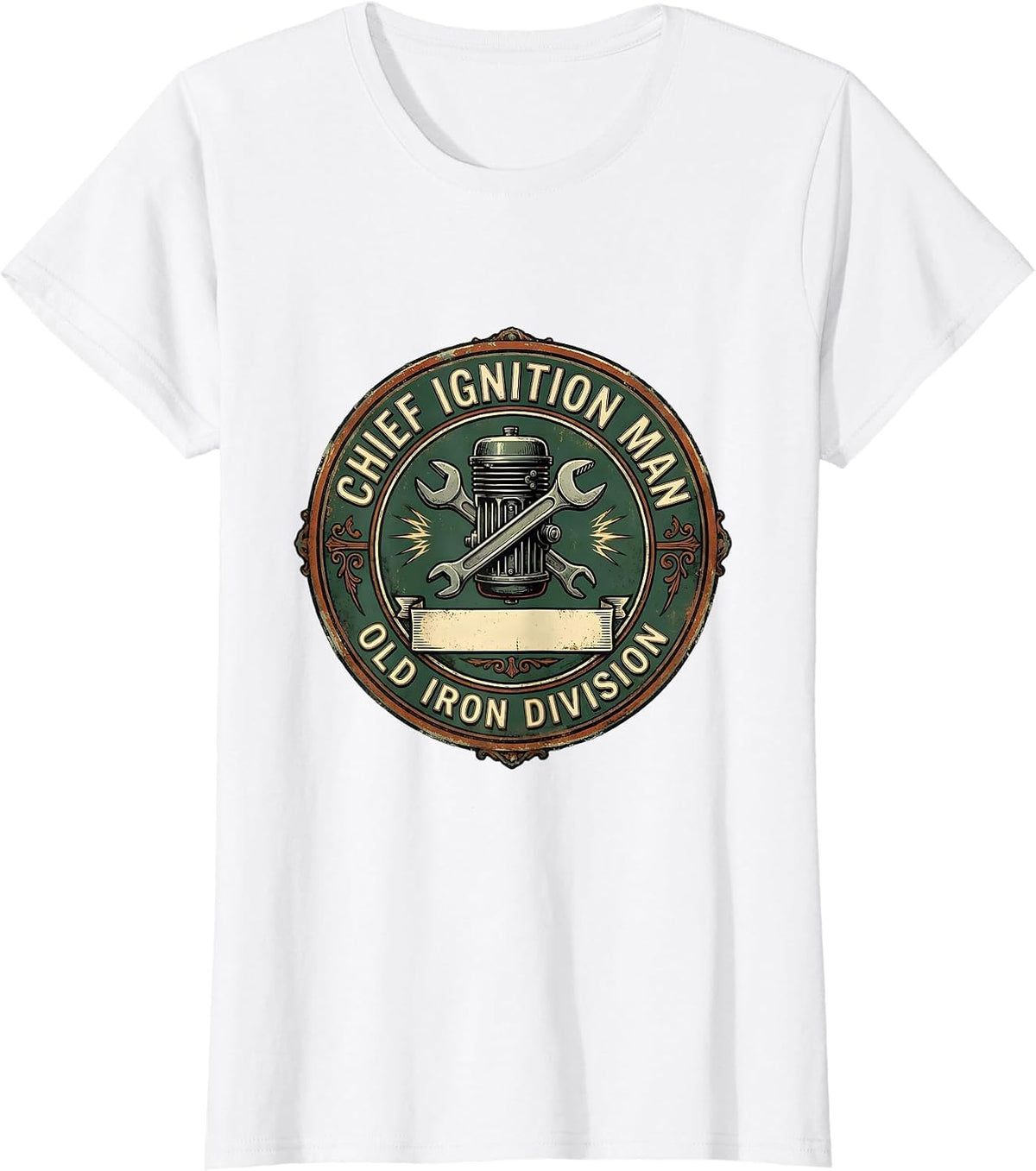 Chief Ignition Man, Old Iron Division Vintage Classic Car T-Shirt - White