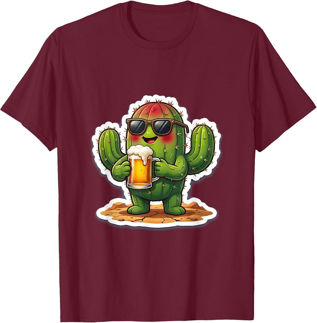 Men's Sunburned Cactus Frosty Beer Desert Graphic T-Shirt - Burgundy
