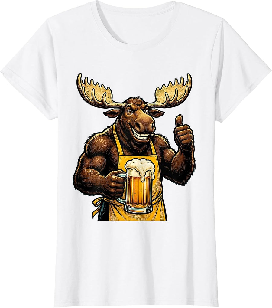 Women's Bull Moose Beer Drinking Mountain Stream Graphic T-Shirt - White