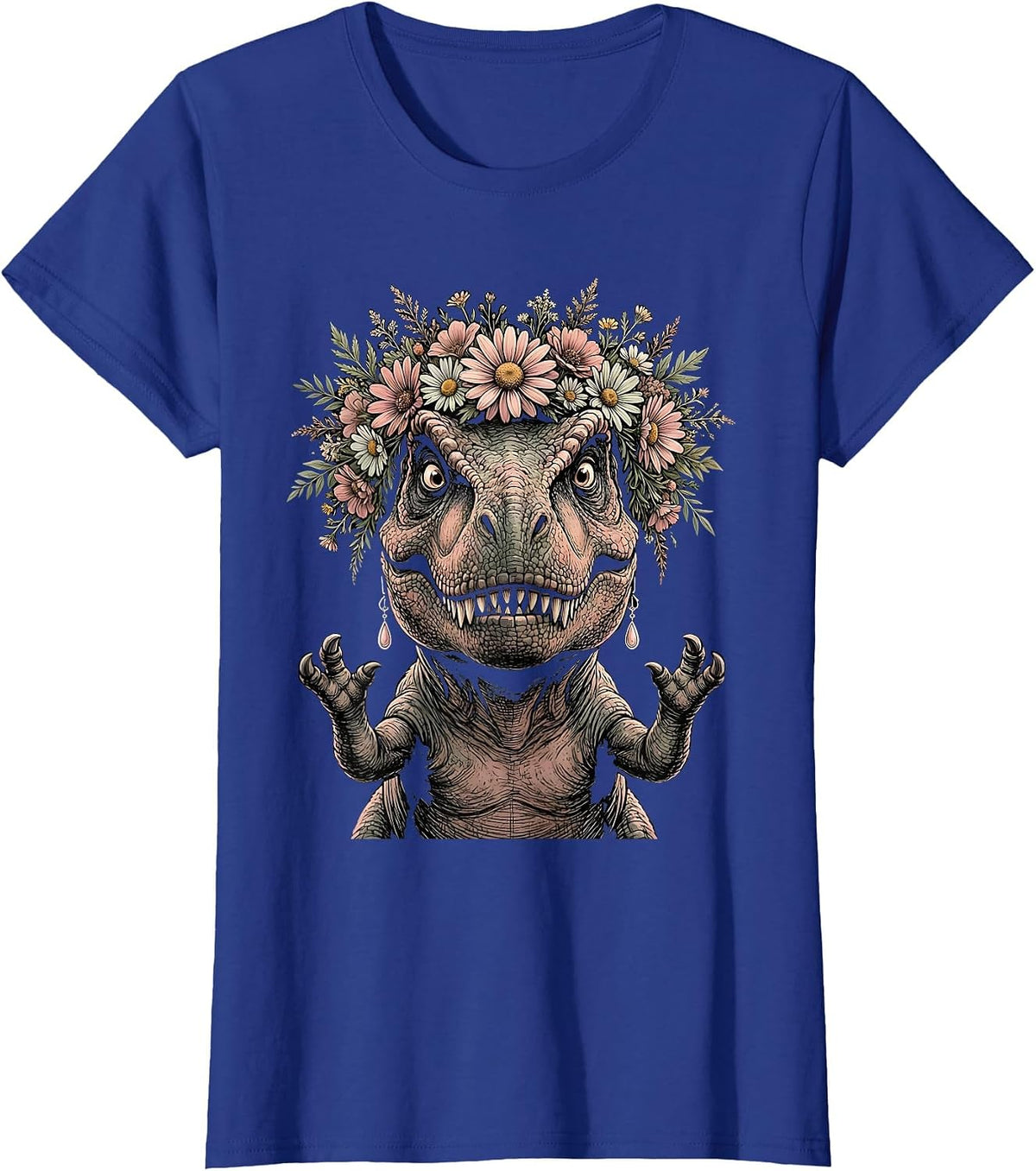 Women's Dinosaur Flower Crown and Earrings Funny Dino T-Shirt - Royal Blue