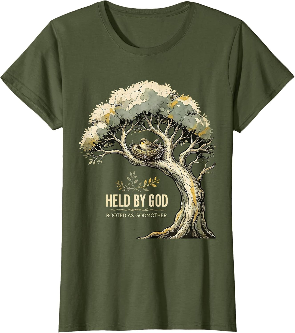 Women's Held By God Rooted As Godmother Boho Faith Christian Gift T-Shirt - Olive Green