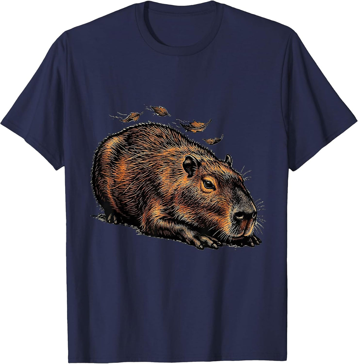 Men's Capybara Linocut Animal Humor Meme T-Shirt - Navy Blue