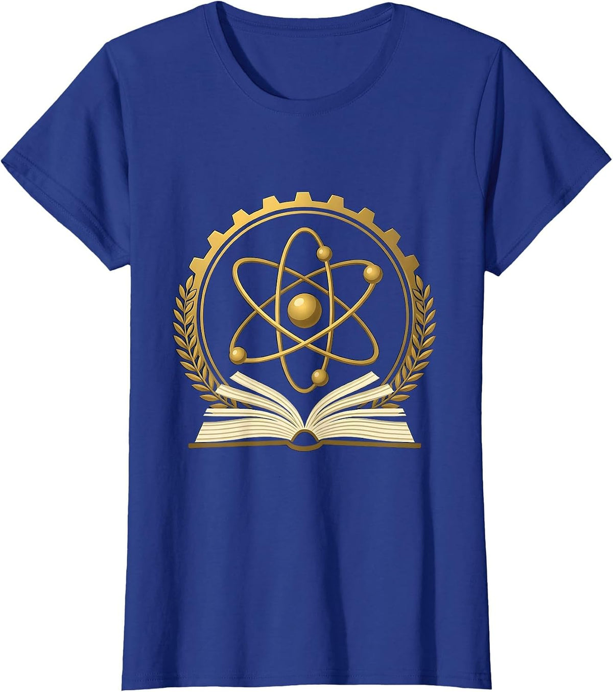 Women's Science Teacher Atom Model Over Textbook Graphic T-Shirt - Royal Blue