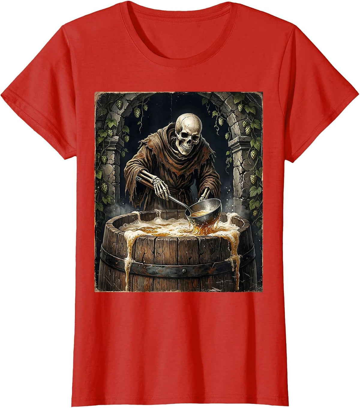 Women's Skeleton Monk Brewing Beer in Cellar T-Shirt - Red
