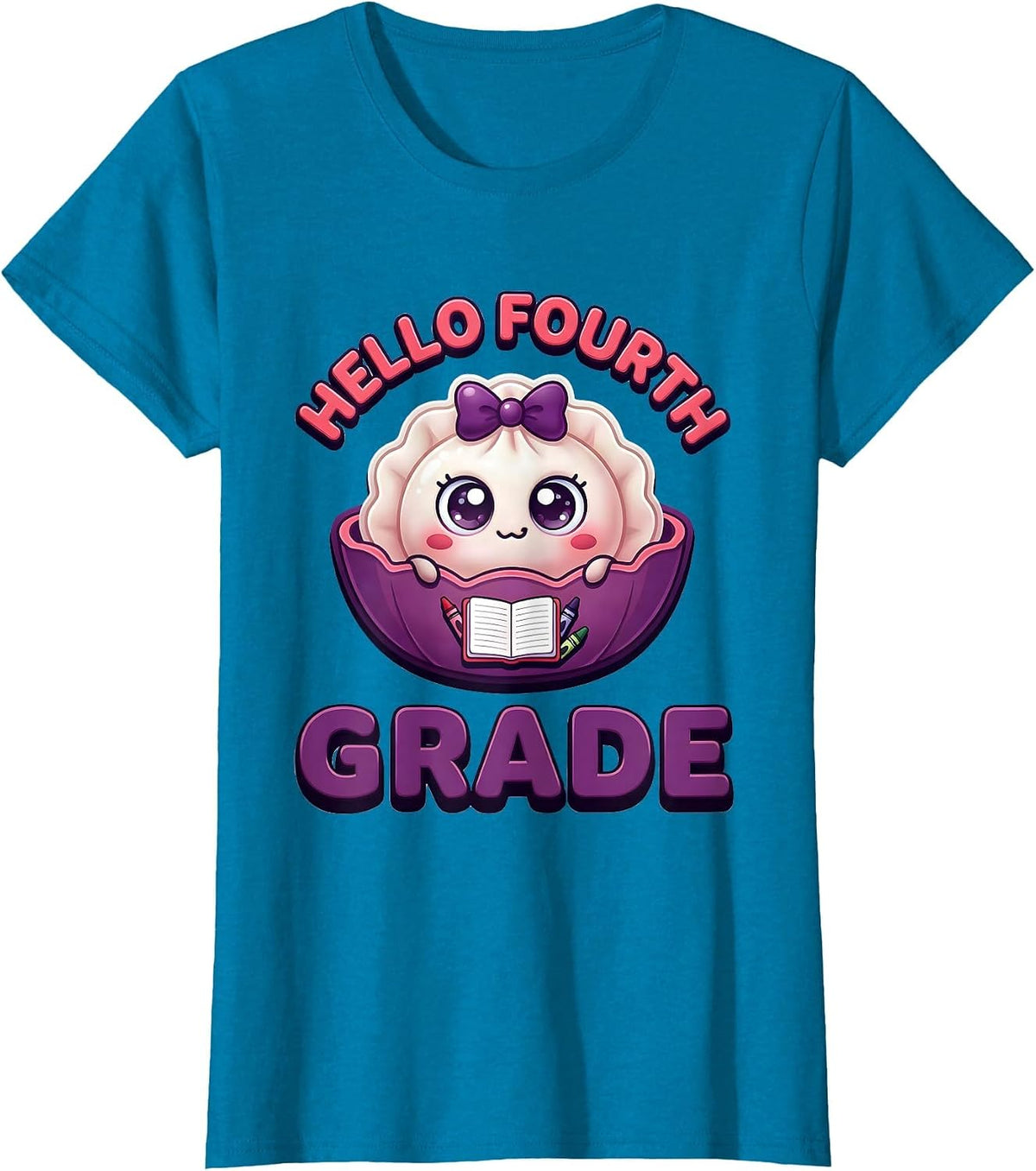 Hello Fourth Grade Cute Dumpling Back to School Girl Teacher T-Shirt, Women, Sapphire Blue, X-Small - As Pictured