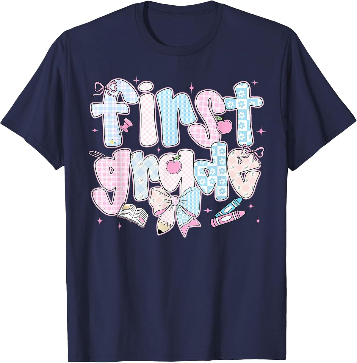 Back to School First Grade Coquette Pencil Bow First Day T-Shirt - Navy Blue
