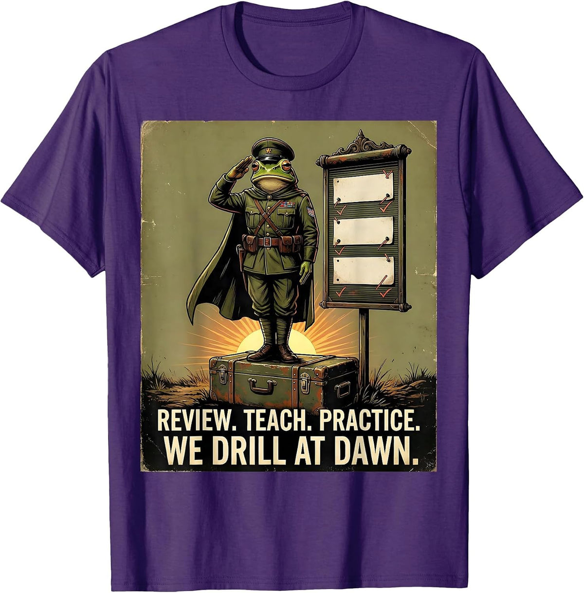 Men's Review Teach Practice We Drill At Dawn Funny Frog Teacher T-Shirt - Purple