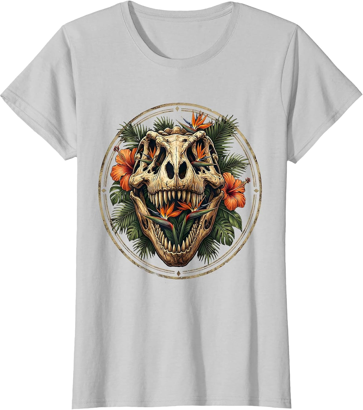 T-Rex Skull Tropical Floral Dinosaur Art T-Shirt - Silver Grey