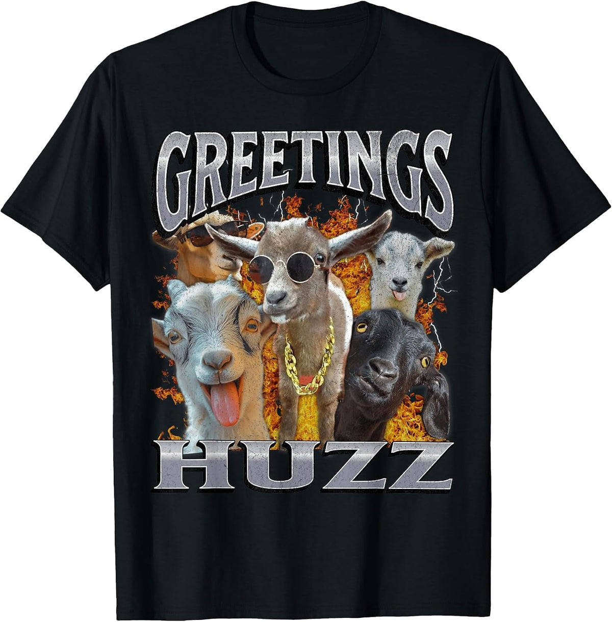 Greetings Huzz Funny Goat Adult Humor Meme Bootleg T-Shirt - Black