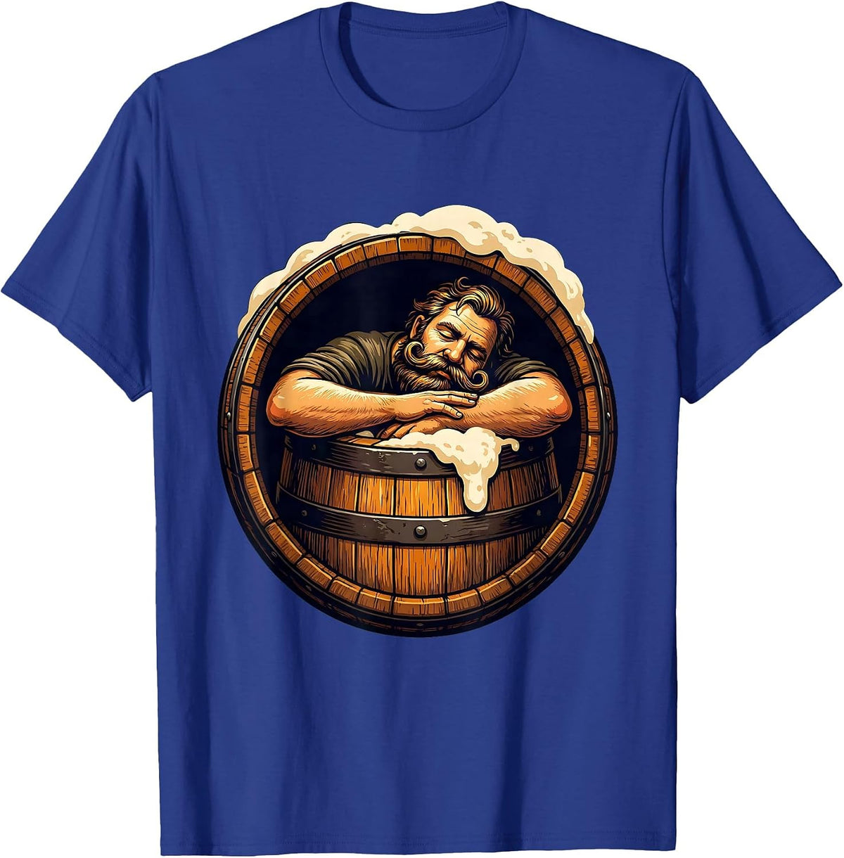 Men's Mustachioed Napping in Beer Barrel Illustration T-Shirt - Royal Blue