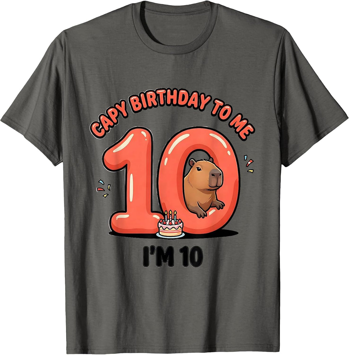Capy Birthday To Me I'm 10 Funny Capybara Kids Age 10 T-Shirt - Asphalt Grey