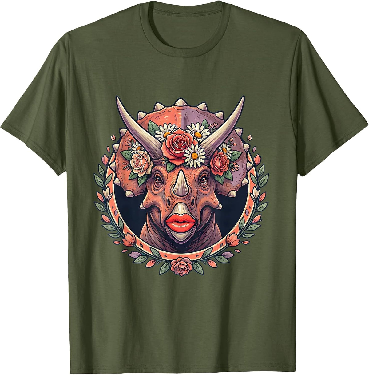 Floral Crown Triceratops Dinosaur Graphic Tee T-Shirt - Olive Green