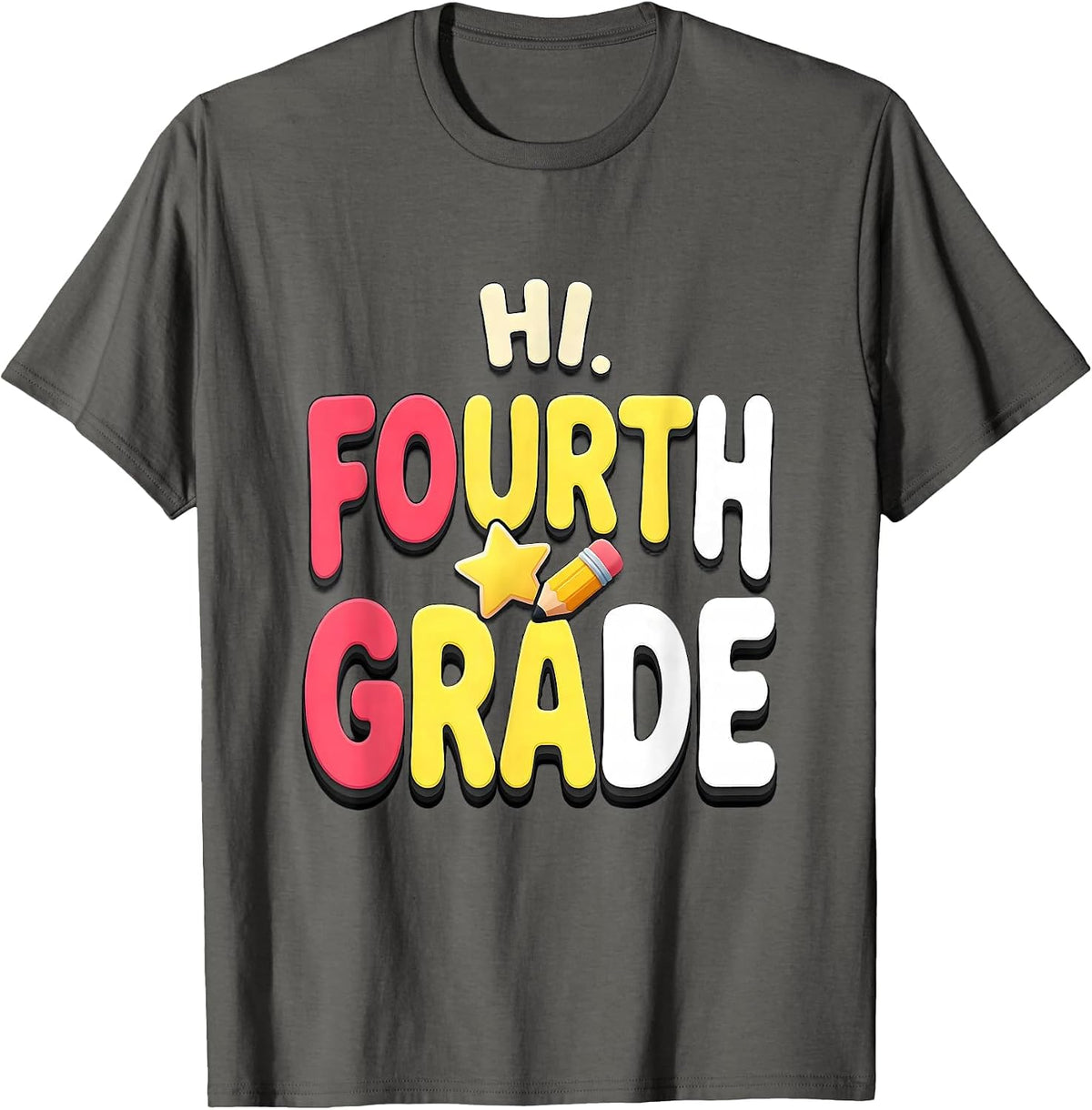 Men's Hi, Fourth Grade Playful Back to School Teacher Student T-Shirt - Asphalt Grey