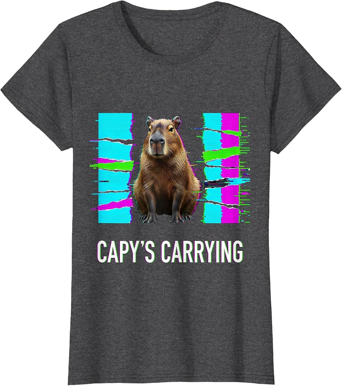 Women's capy's carrying Glitch Datamosh Funny Capybara Meme Animal T-Shirt - Dark Heather Grey
