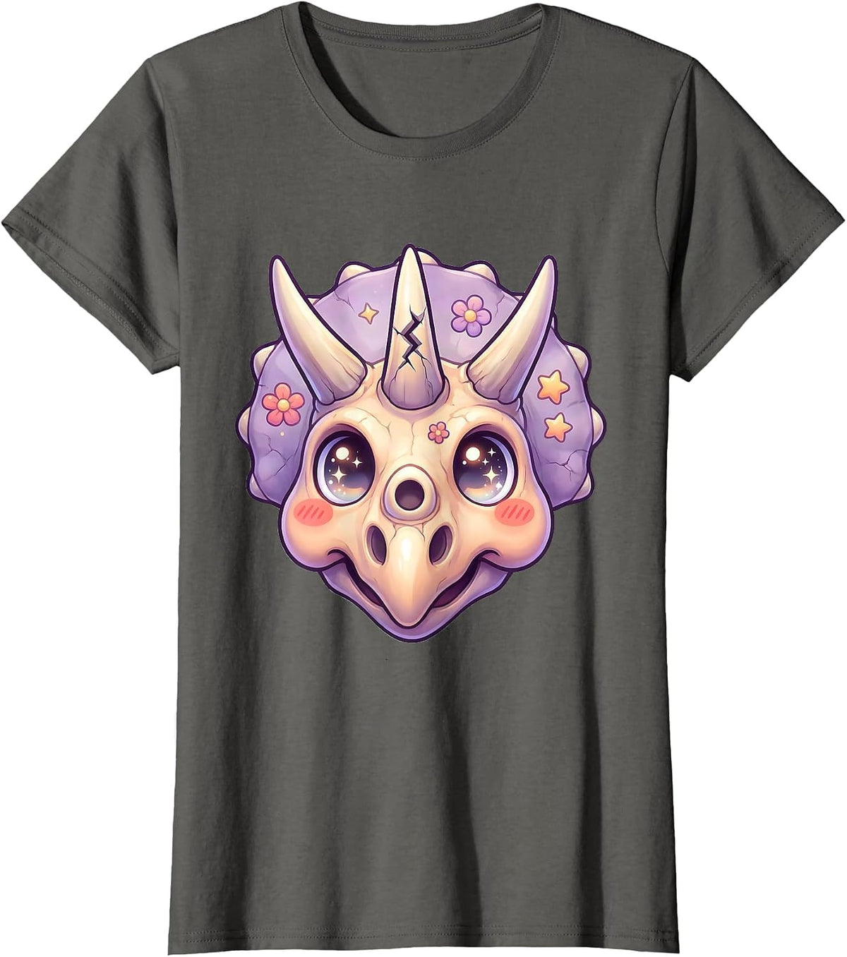 Women's Triceratops Skull Cracked Horn Dinosaur Illustration T-Shirt - Asphalt Grey