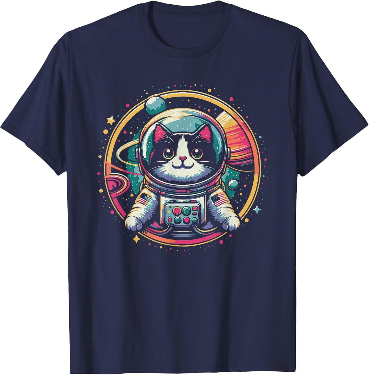 Tuxedo Cat Astronaut Space Funny Tuxedo Cat Lover T-Shirt - Navy Blue