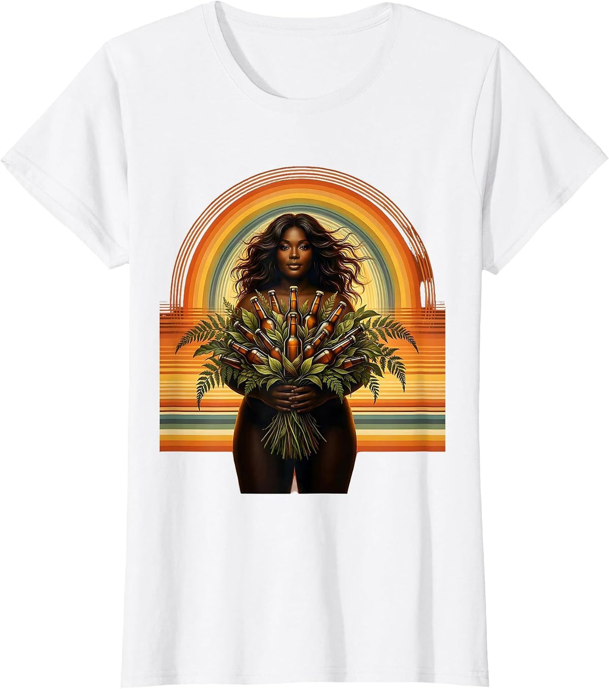 Woman With Beer Bottle Bouquet Illustration T-Shirt - White