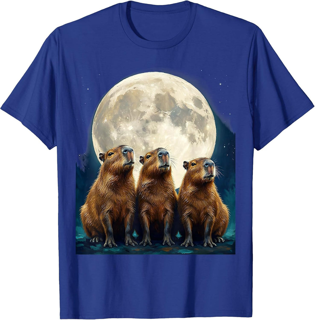 Men's Three Capybara Moon Gouache Poster Novelty Animal Lover T-Shirt - Royal Blue