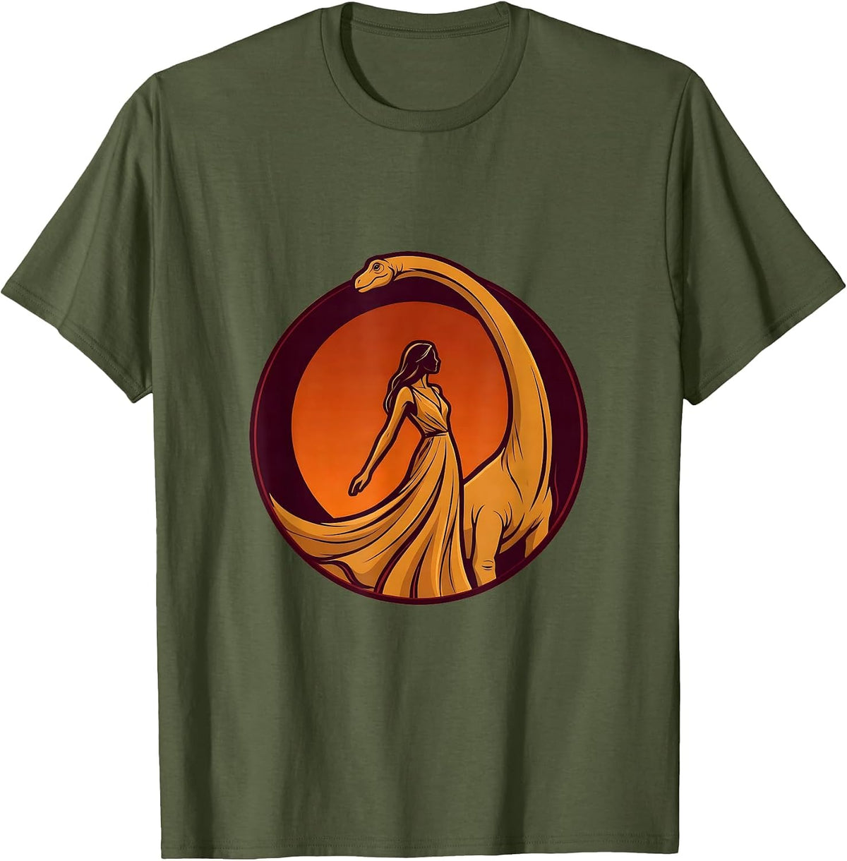 Brachiosaurus Silhouette Sunset Dinosaur Design T-Shirt - Olive Green