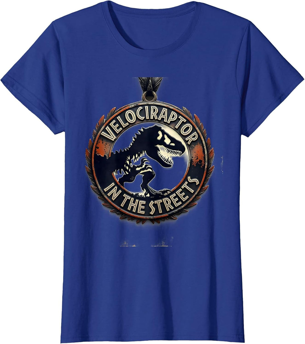 Women's Velociraptor In The Streets Dinosaur Design T-Shirt - Royal Blue