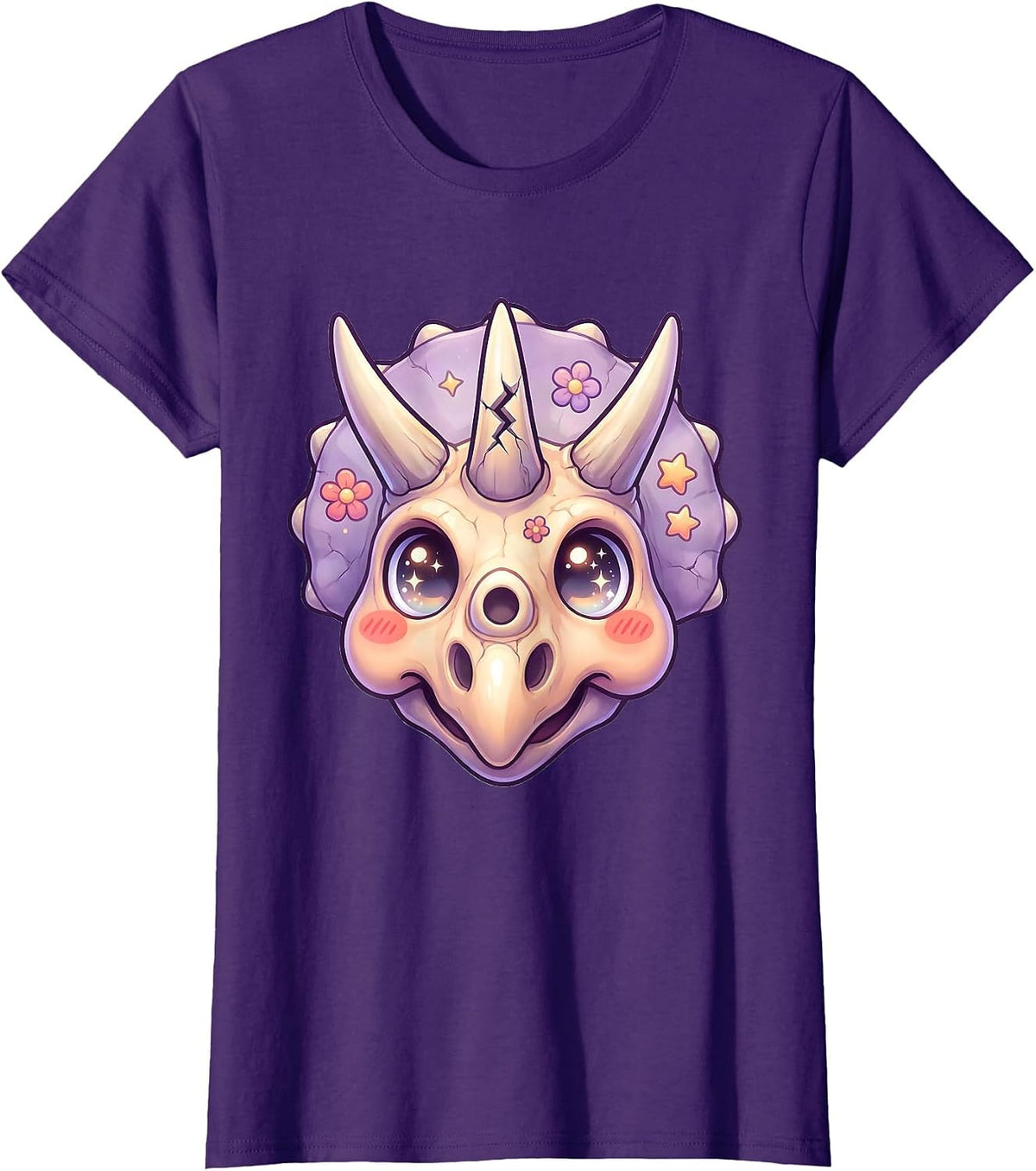 Women's Triceratops Skull Cracked Horn Dinosaur Illustration T-Shirt - Purple