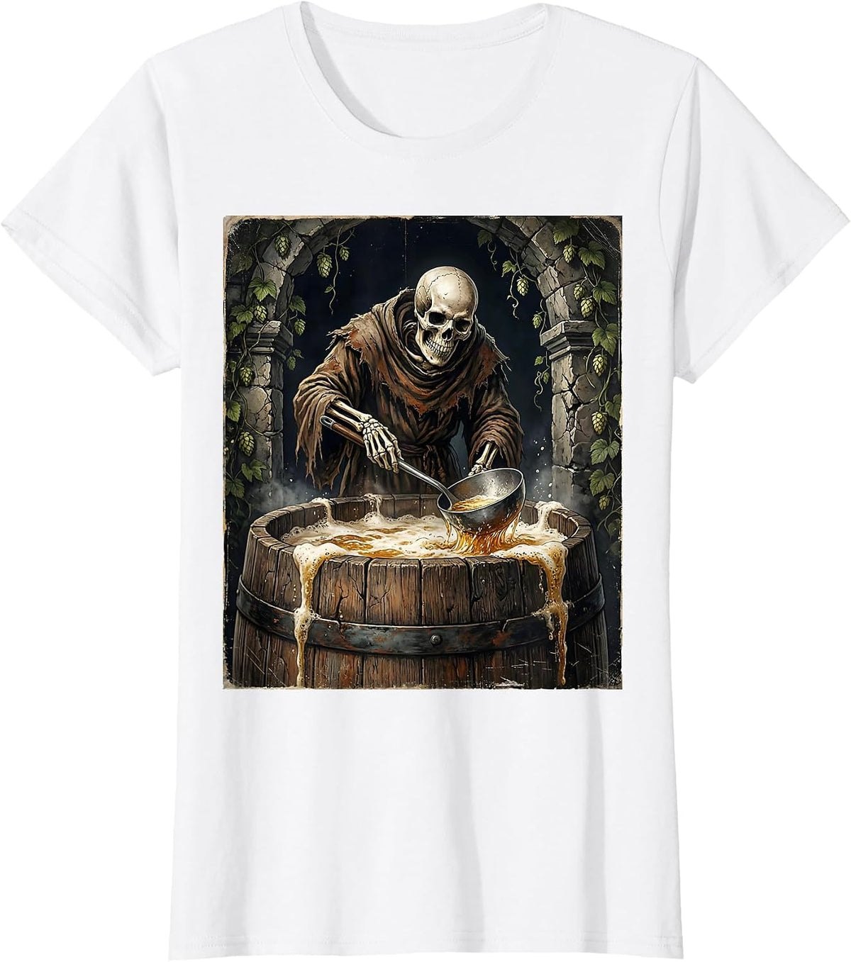 Women's Skeleton Monk Brewing Beer in Cellar T-Shirt - White