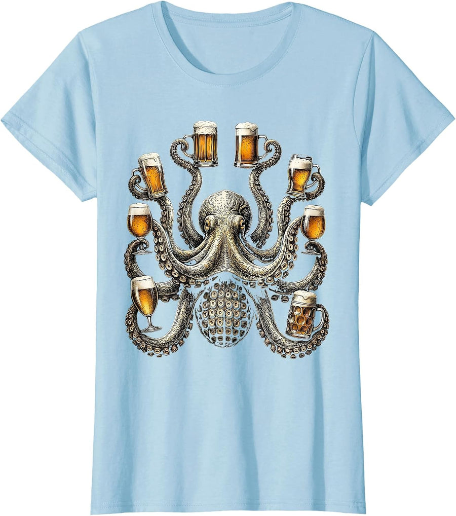 Octopus Holding Eight Beers Funny Drinking Art T-Shirt, Women, Baby Blue, XX-Large - As Pictured