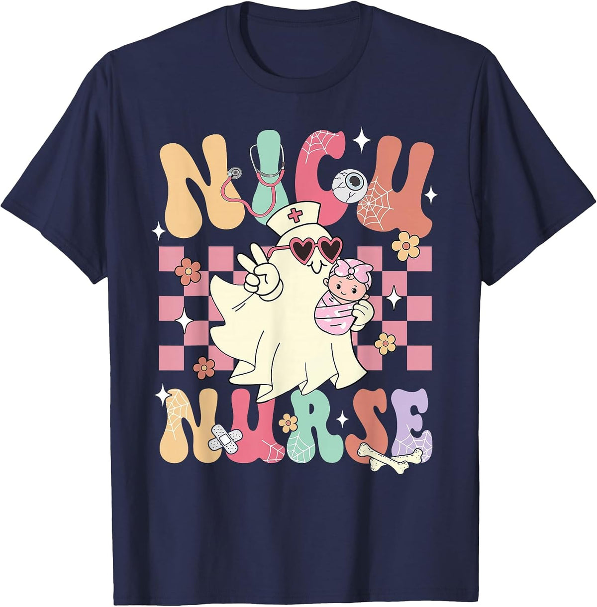 NICU Nurse Spooky Ghost Halloween Cute Nursing Costume T-Shirt - Navy Blue