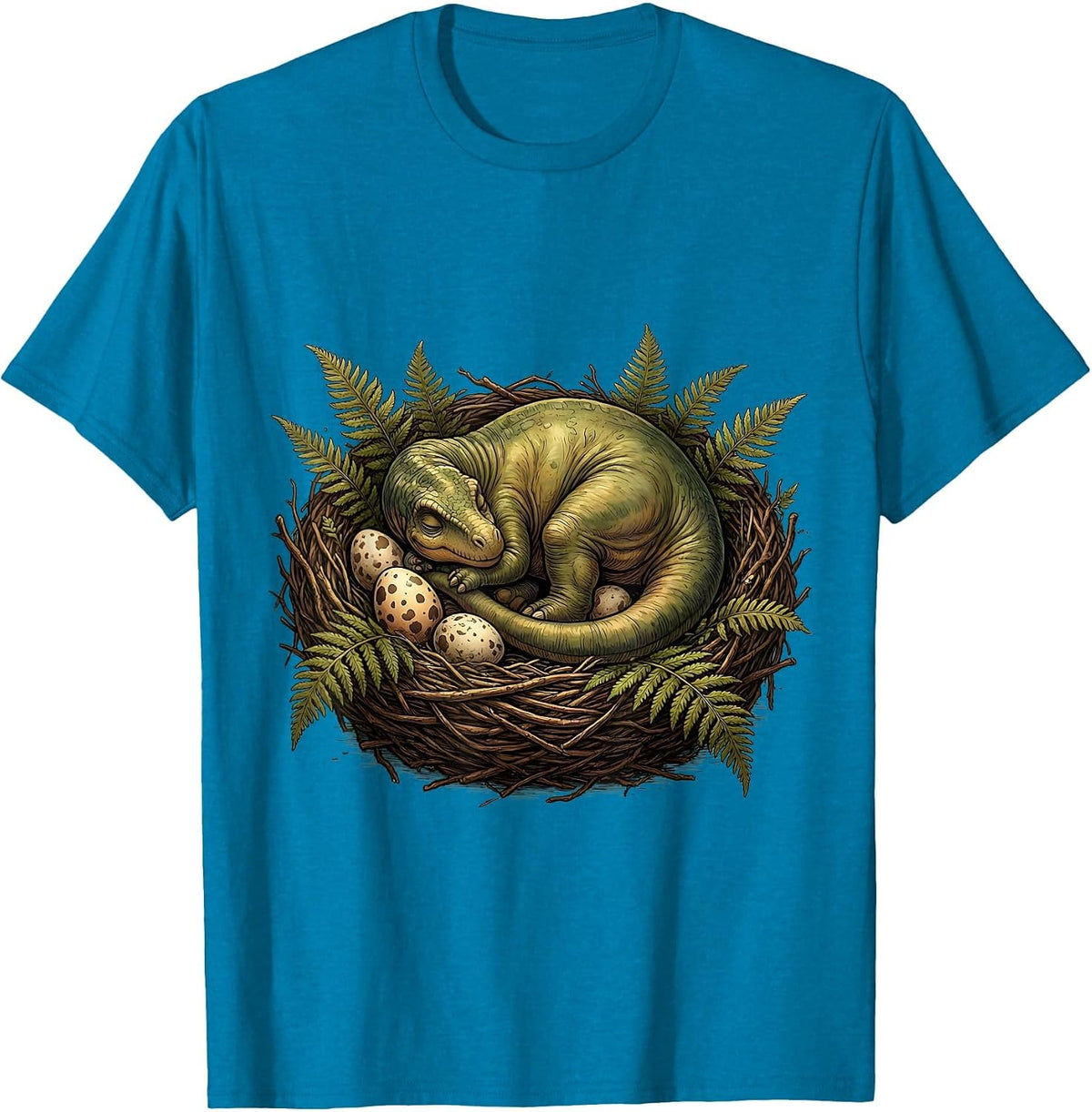 Baby Diplodocus Sleeping in Nest Dinosaur Graphic T-Shirt - Sapphire Blue