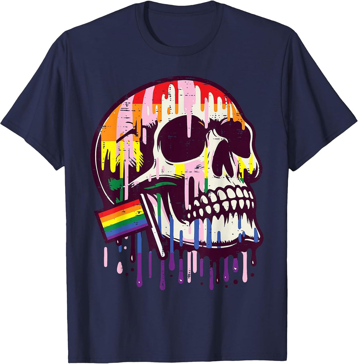 Gay Pride Month Skull Skeleton LGBTQ Ally Rainbow Men Women T-Shirt - Navy Blue