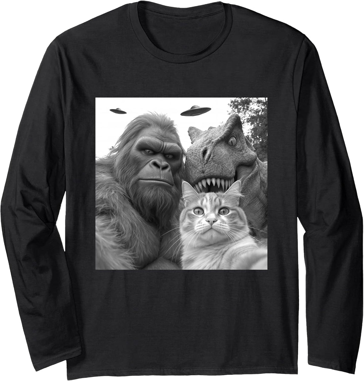Funny Cat Selfie with Bigfoot Dinosaur UFO for Men Women Long Sleeve T-Shirt - Adult Unisex Black