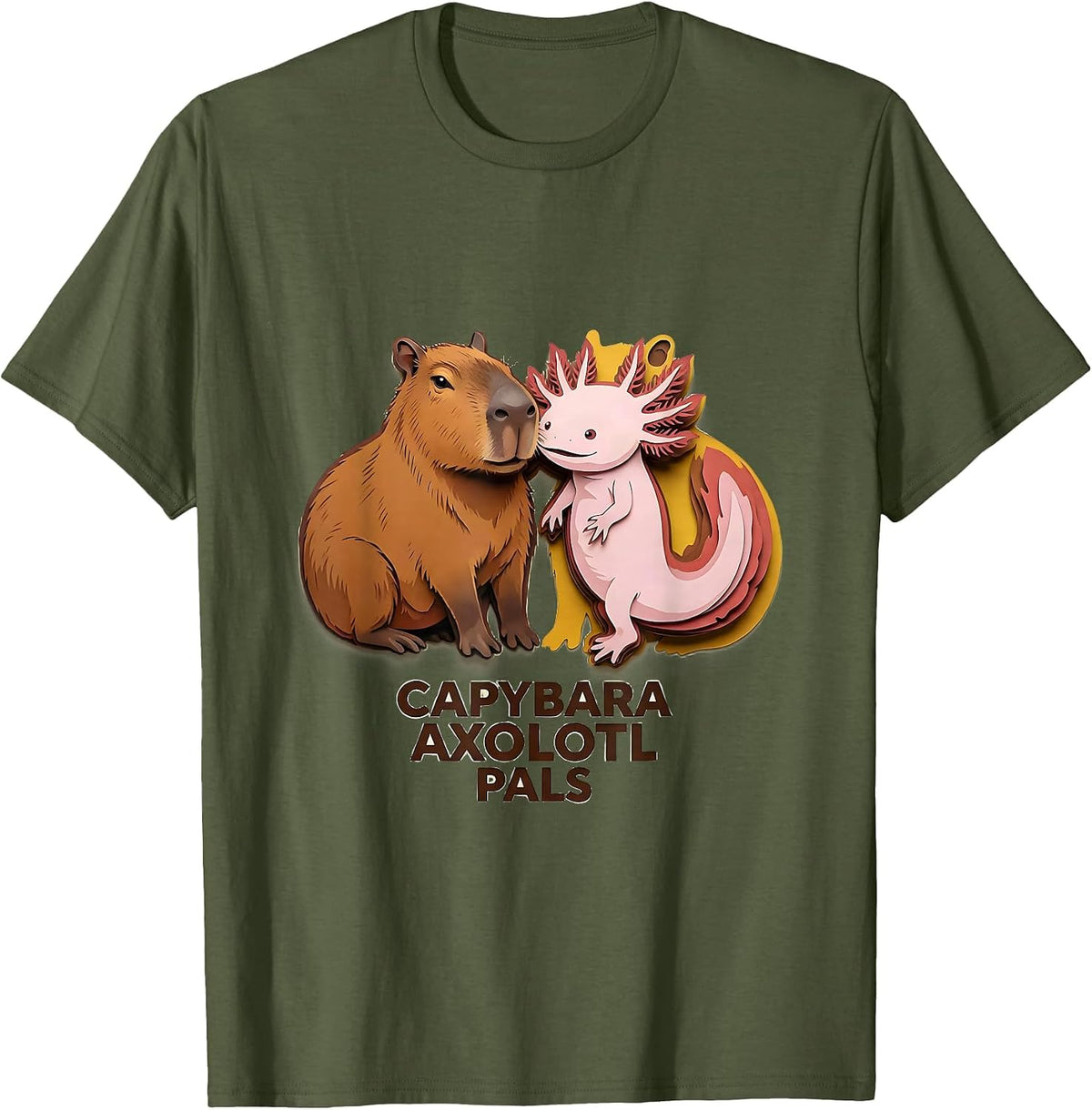 Men's Capybara Axolotl Pals Cute Kawaii Animal Lover Kids Gift T-Shirt - Olive Green