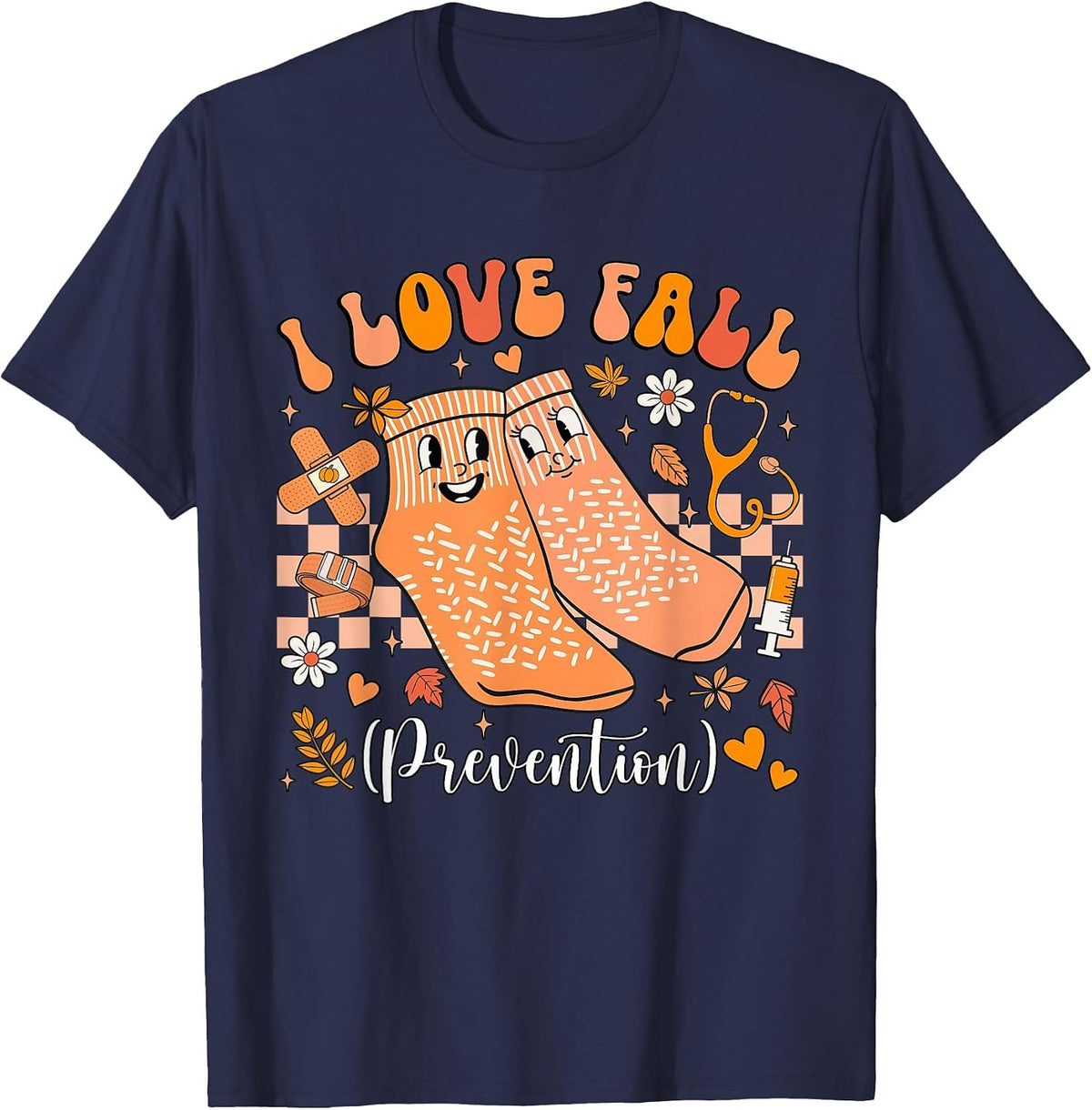 Groovy Retro I Love Fall Prevention Fall Physical Therapy T-Shirt - Navy Blue