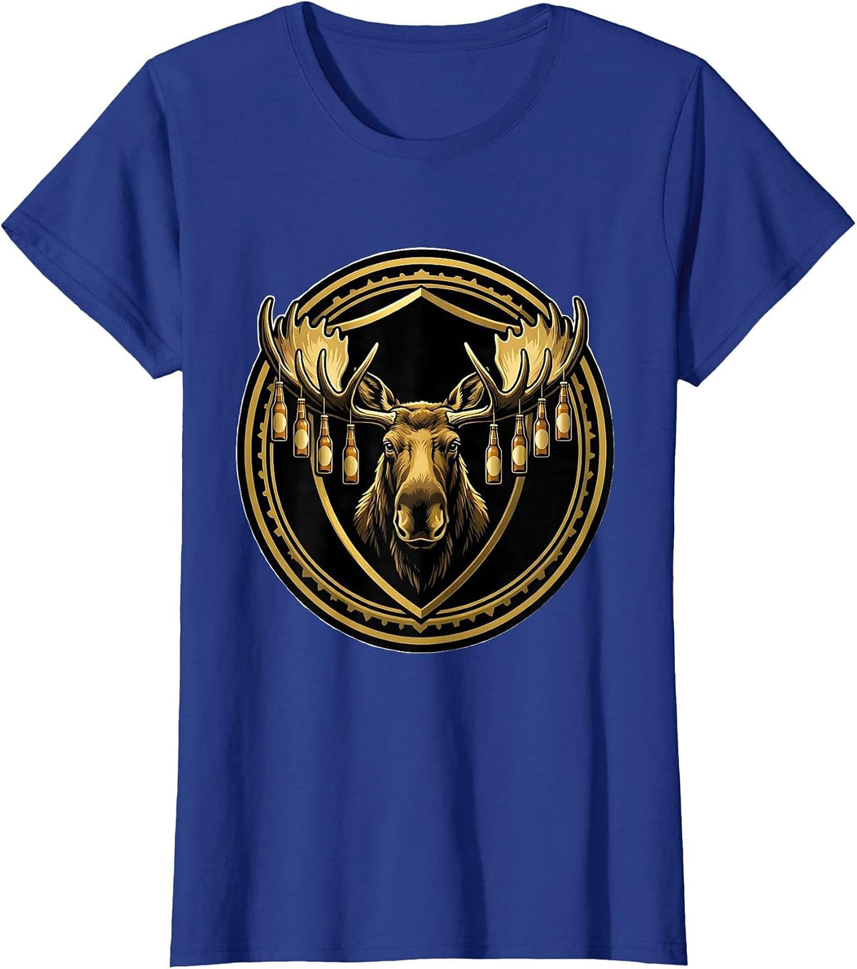 Women's Moose Antlers Beer Bottles Graphic Design T-Shirt - Royal Blue