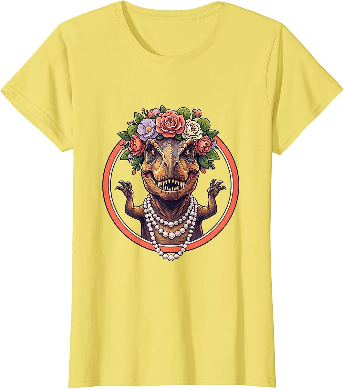 Women's Floral Crown T-Rex Dinosaur Illustration T-Shirt - Lemon Yellow