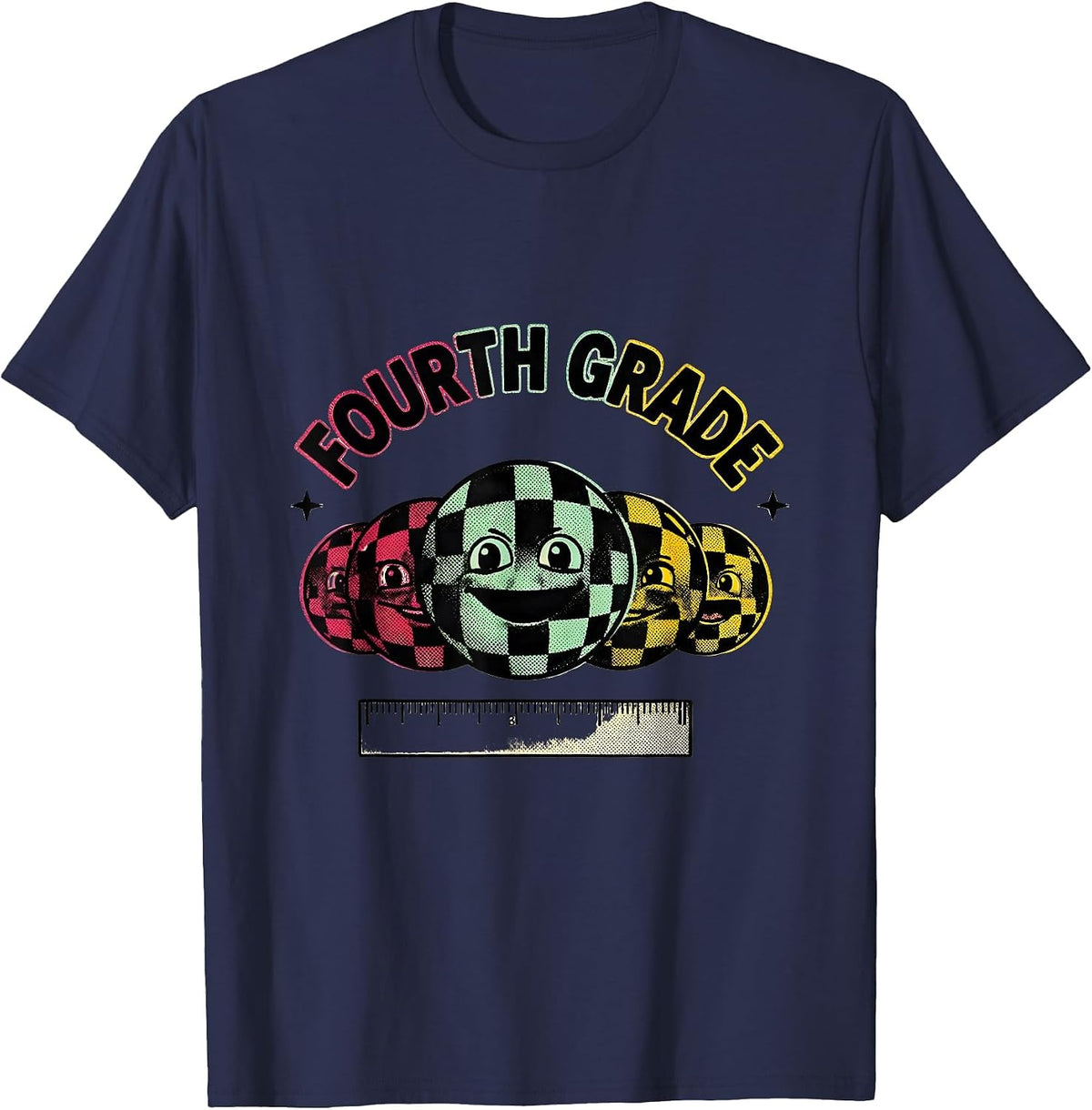 Fourth Grade Retro Checkered Girl Teacher Back To School T-Shirt - Navy Blue